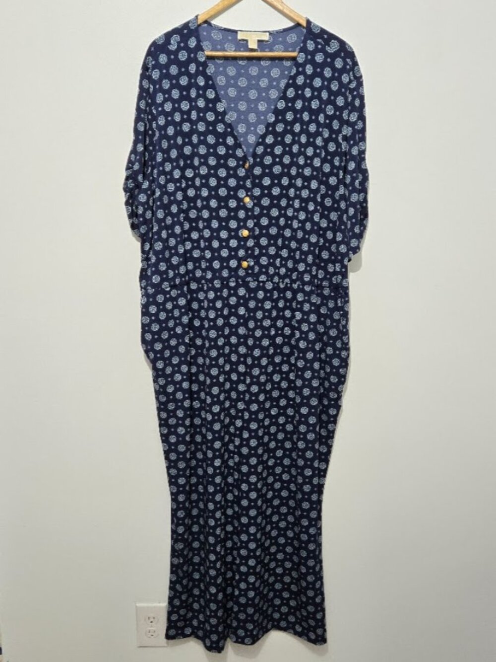 MICHAEL Michael Kors Womens Blue Jersey Jumpsuit Size 3X Crest Buttons Stretch
